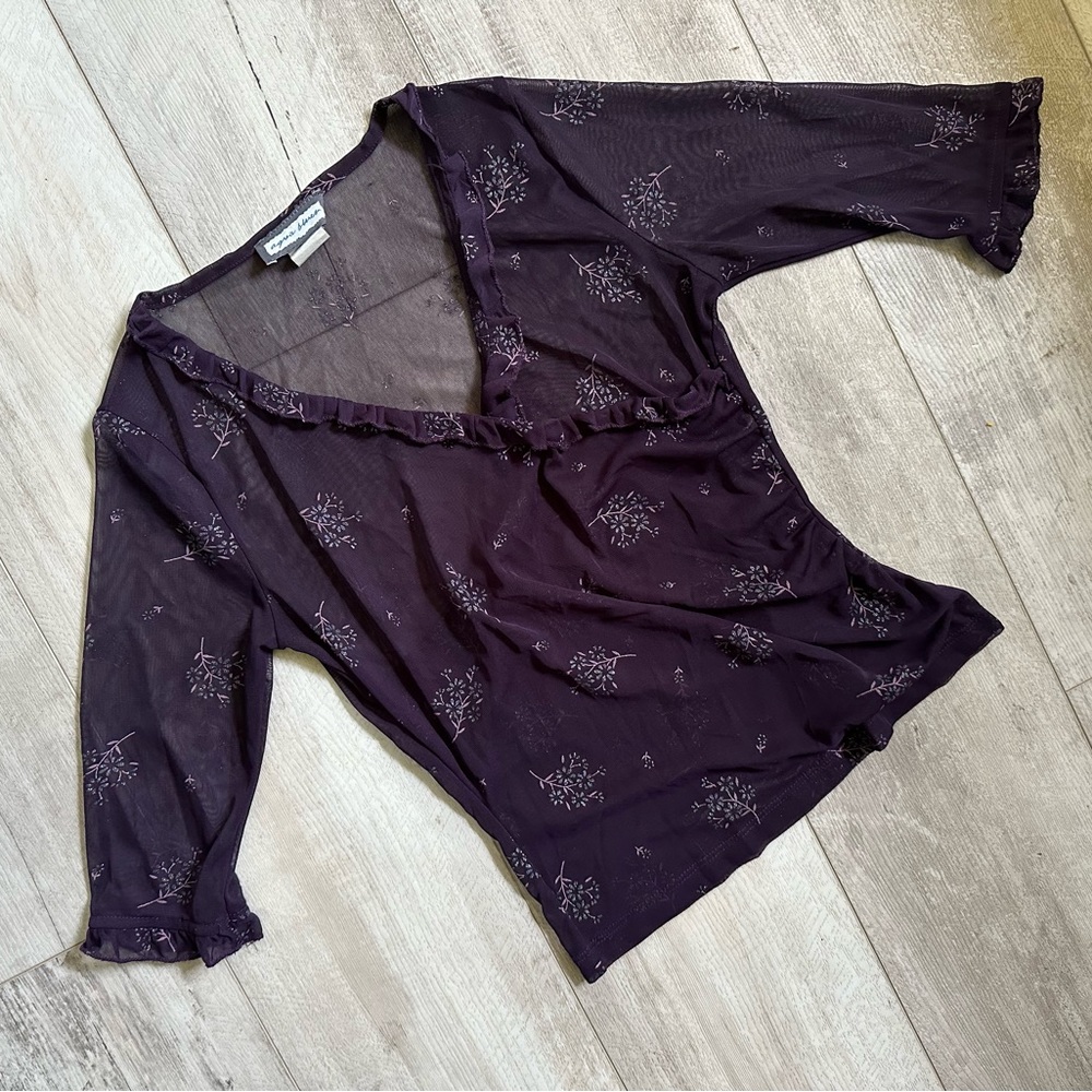 Y2K Purple Mesh Top with Floral Metallic Detail